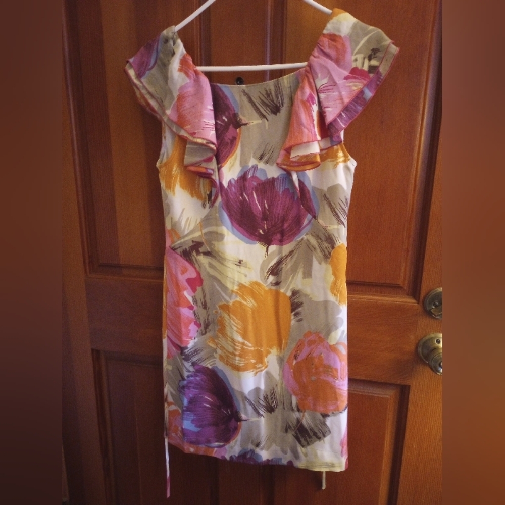BCBG Floral Sleeveless Dress with Ruffle Detail